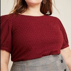 Anthropologie Burgundy Textured Puff Sleeve Blouse, 1X